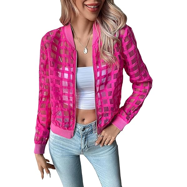 Amazon.com: Floerns Women's Sheer Mesh Zip Up Bomber Jacket Long